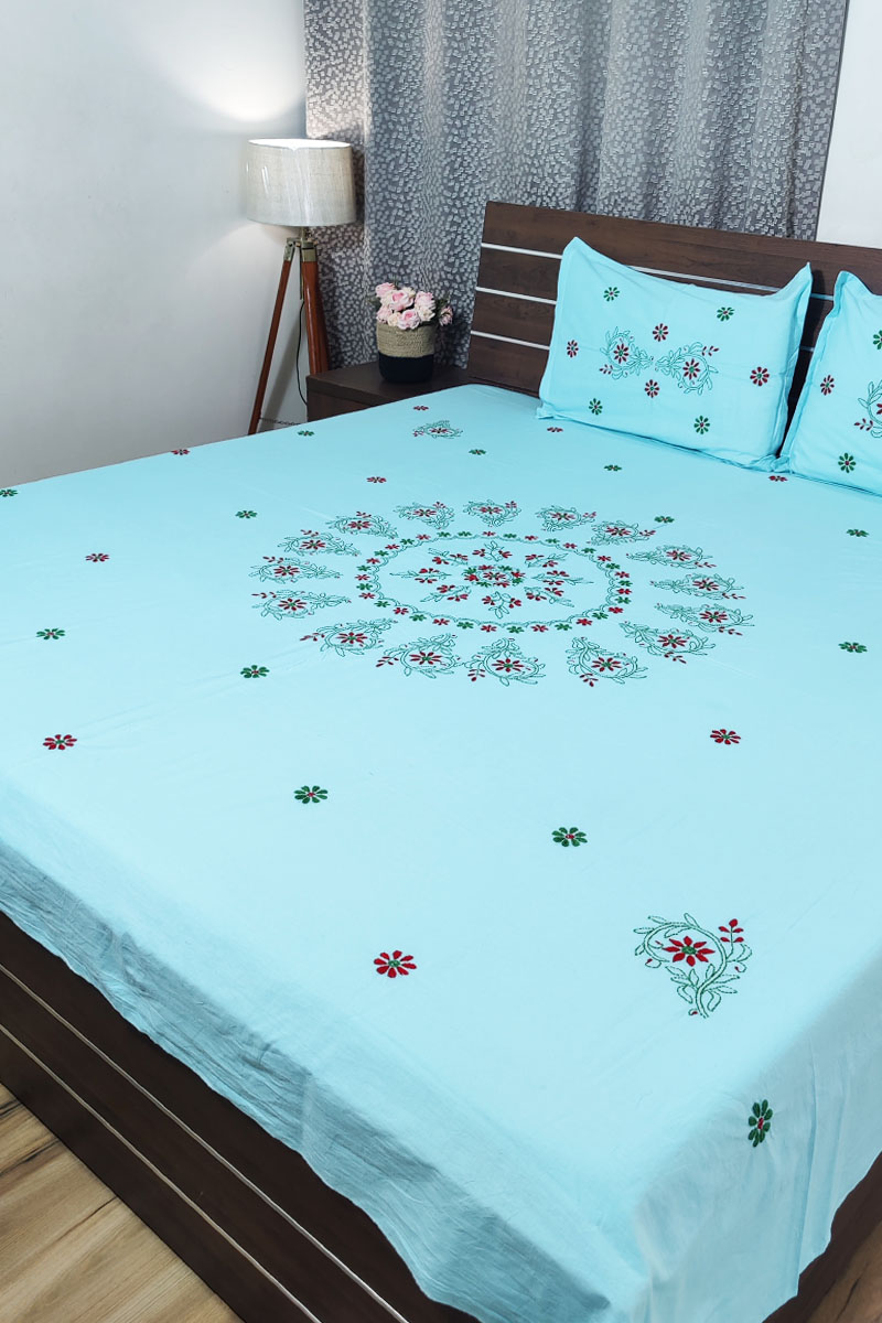 Blue Color Lucknowi Chikankari Cotton Bedsheet Mc251787
